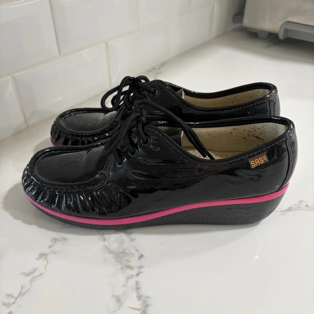 SAS Bounce-c Lace Up Wedge Black Patent Leather 8 Women’s Shoes Moccasin USA